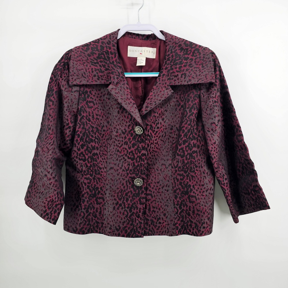 Doncaster Blazer Women 8 Burgundy Black Silk Wool Animal Print Rhinestone Button